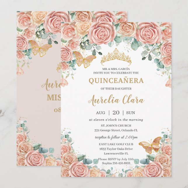 Chic Pastel Blush Peach Floral Roses Quinceanera Invitation (Front/Back)