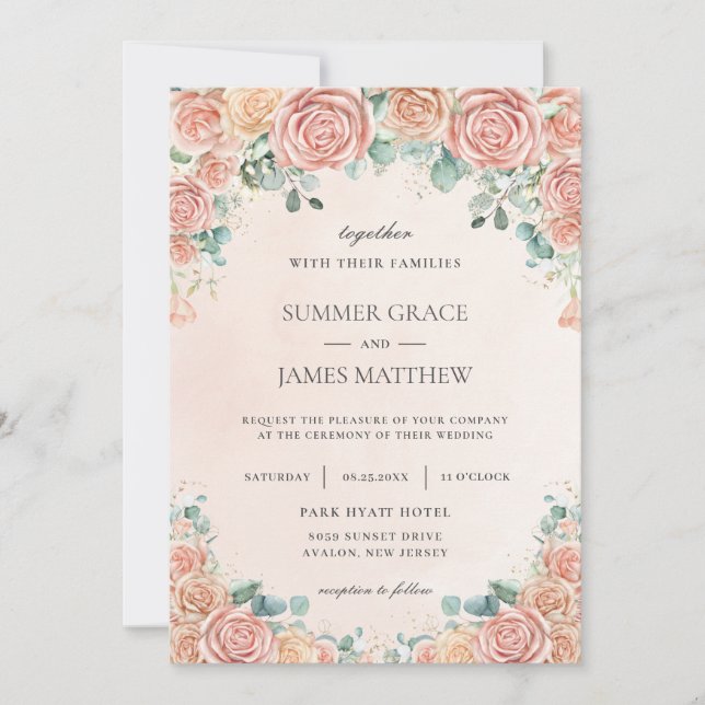 Chic Pastel Blush Peach Floral Roses Wedding  Invi Invitation (Front)