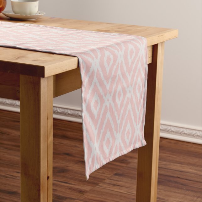 Chic pastel blush pink ikat tribal diamond pattern short table runner (In Situ)