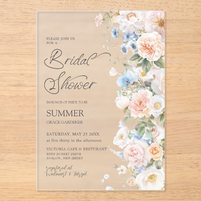 Chic Pastel Blush White Blue Floral Bridal Shower Acrylic Invitations (Front)