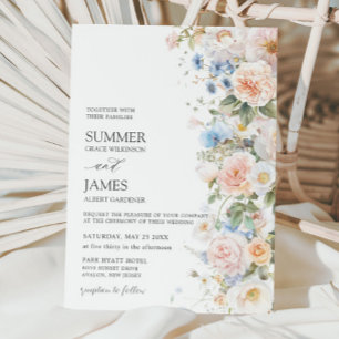 Chic Pastel Blush White Blue Roses Floral Wedding Invitation