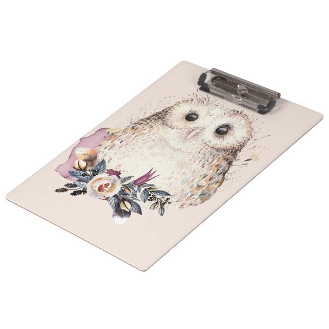 Chic Pastel Flower Owl Animal Boho Illustration Clipboard (Angled)