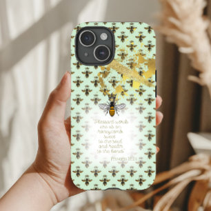 Chic Pastel Green Gold Bee Matrix Scripture iPhone 15 Case