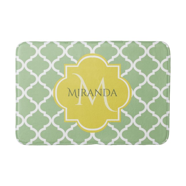 Chic Pastel Green Quatrefoil Yellow Name Monogram Bath Mat (Front)
