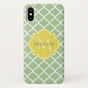 Chic Pastel Green Quatrefoil Yellow Name Monogram Case-Mate iPhone Case