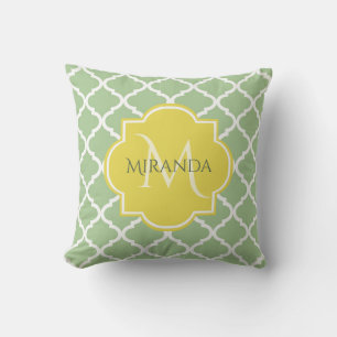 Chic Pastel Green Quatrefoil Yellow Name Monogram Cushion