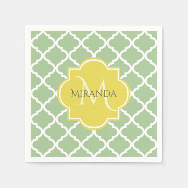 Chic Pastel Green Quatrefoil Yellow Name Monogram Napkin (Front)