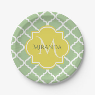 Chic Pastel Green Quatrefoil Yellow Name Monogram Paper Plate