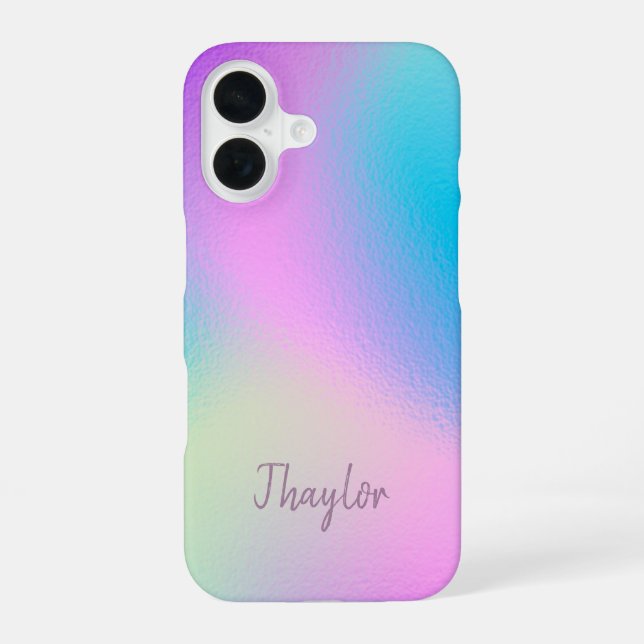 Chic Pastel Holographic Personalized Name iPhone 16 Case (Back)