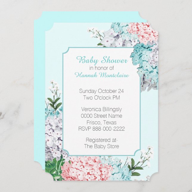 Chic Pastel Hydrangeas Blue Baby Shower Invitation (Front/Back)
