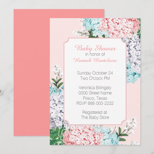Chic Pastel Hydrangeas Pink Baby Shower Invitation (Front/Back)