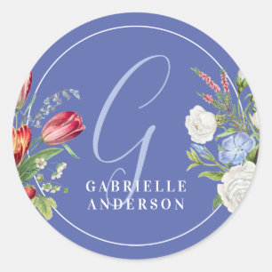Chic Pastel Lavender Floral Monogram Watercolor Classic Round Sticker