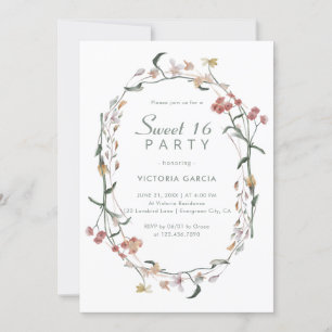 Chic Pastel Minimalist Wildflowers Sweet 16 Invitation