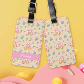 Chic Pastel Mushroom Strawberry Pattern Cream Luggage Tag