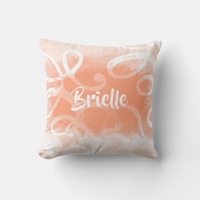 Chic Pastel Orange Watercolor Swirls With Name Cushion (Front)