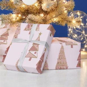 Chic Pastel Pink and Gold Christmas Tree Wrapping Paper