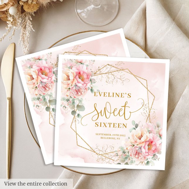 Chic Pastel Pink and Gold Peonies Sweet Sixteen  Napkin (Chic Pastel Pink and Gold Peonies Sweet Sixteen Napkins)