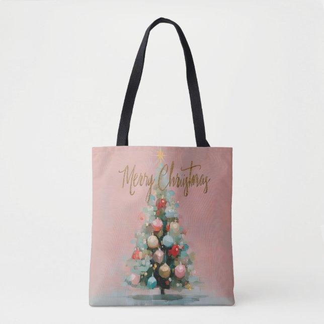 Chic Pastel Pink Christmas Tree Tote (Front)