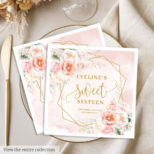 Chic Pastel Pink Gold Peonies Sweet Sixteen Napkin