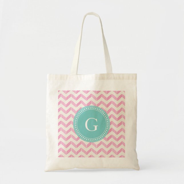 Chic Pastel Pink & Mint Chevron Custom Monogram Tote Bag (Front)