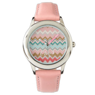Chic Pastel Pink Mint Chevron Custom Monogram Watch