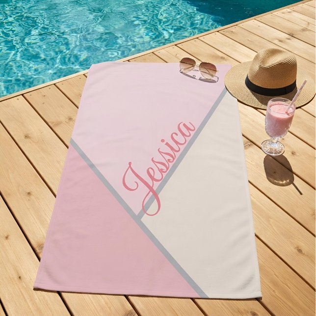 Chic Pastel Pink Modern Geometric Custom Name Beach Towel (Creator Uploaded)