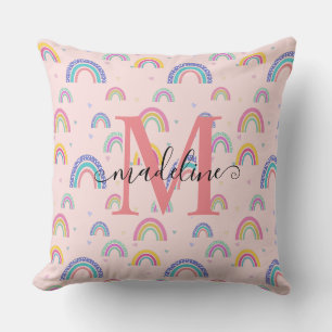 Chic Pastel Pink Rainbow Heart Monogram Cushion