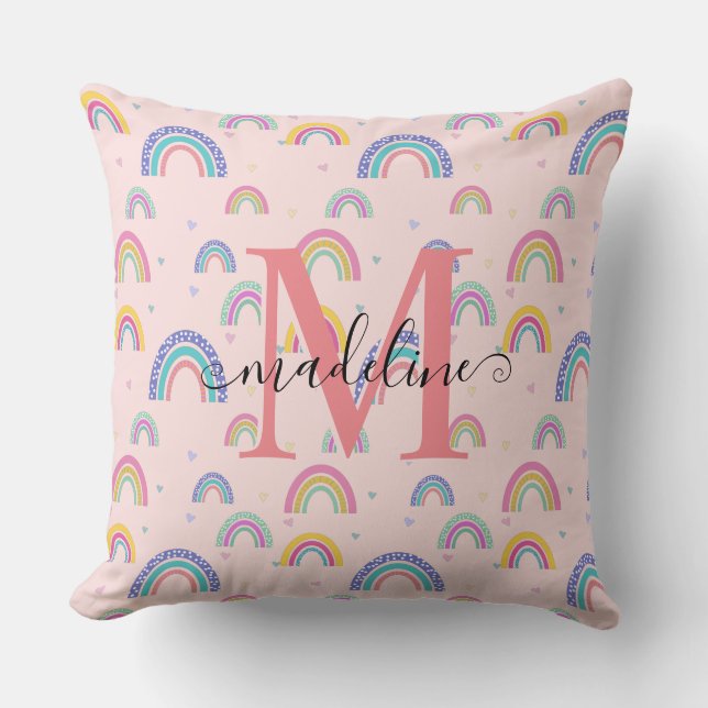 Chic Pastel Pink Rainbow Heart Monogram Cushion (Front)
