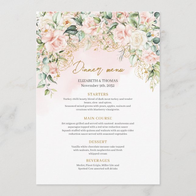 Chic pastel pink roses sage greenery gold wedding menu (Front)