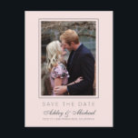 Chic Pastel Pink Save the Date Engagement Photo Announcement Postcard<br><div class="desc">Modern, chic save the date photo postcard with elegant script and modern typography. The save the date card has a pastel pink background with a subtle thin off-black frame around the photo. You can easily customise this save the date card with your upcoming wedding details, your engagement photo and a...</div>