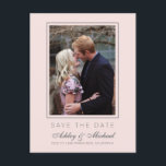 Chic Pastel Pink Save the Date Engagement Photo Announcement Postcard<br><div class="desc">Modern, chic save the date photo postcard with elegant script and modern typography. The save the date card has a pastel pink background with a subtle thin off-black frame around the photo. You can easily customise this save the date card with your upcoming wedding details, your engagement photo and a...</div>