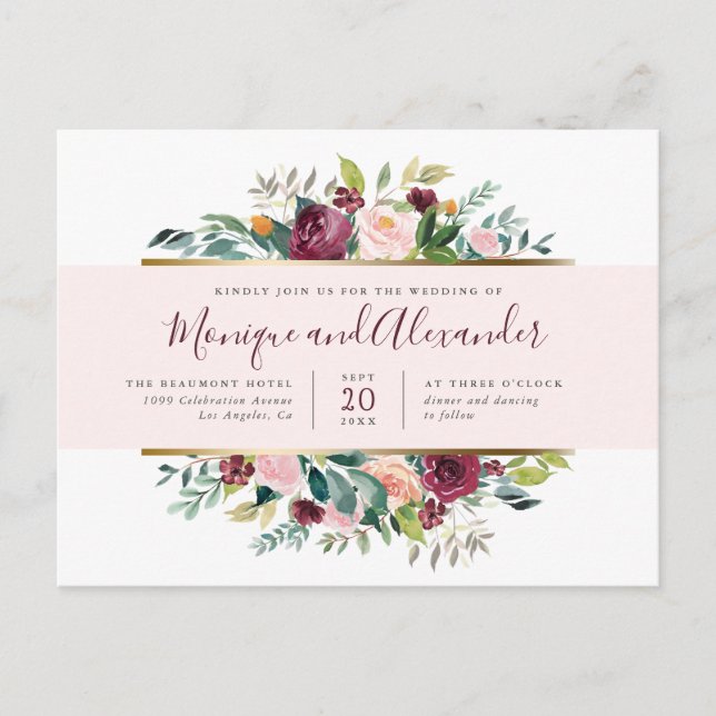 Chic Pastel Pink Stripe Watercolor Flowers Wedding Invitation Postcard (Front)