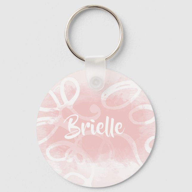 Chic Pastel Pink Watercolor Swirls With Name Key Ring (Front)