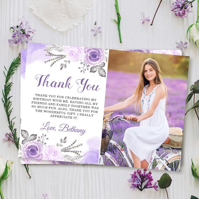 Chic Pastel Purple Rose Garden Birthday Photo Thank You Card (Creator Uploaded)
