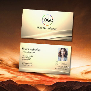 Chic Pastel Silk Cream Curved Decor Logo and Photo Business Card