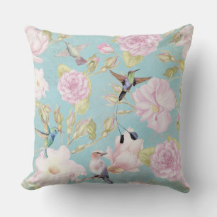 Chic Pastel Teal Vintage Roses Hummingbird Pattern Cushion