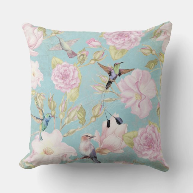 Chic Pastel Teal Vintage Roses Hummingbird Pattern Cushion (Front)