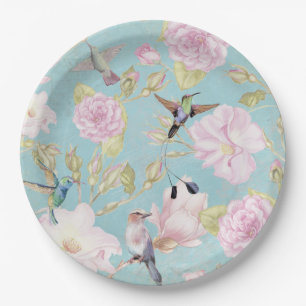 Chic Pastel Teal Vintage Roses Hummingbird Pattern Paper Plate