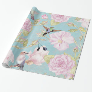 Chic Pastel Teal Vintage Roses Hummingbird Pattern Wrapping Paper