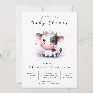  Chic Pastel Whimsical Cow Baby Shower Invitation