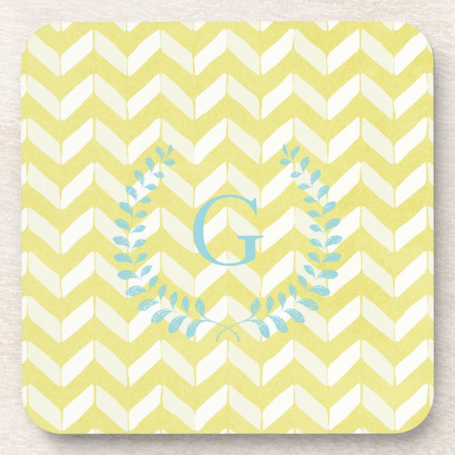 Chic Pastel Yellow Teal Chevron Custom Monogram Coaster (Front)