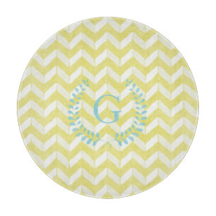Chic Pastel Yellow Teal Chevron Custom Monogram Cutting Board