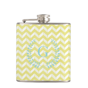 Chic Pastel Yellow Teal Chevron Custom Monogram Hip Flask