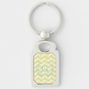 Chic Pastel Yellow Teal Chevron Custom Monogram Key Ring