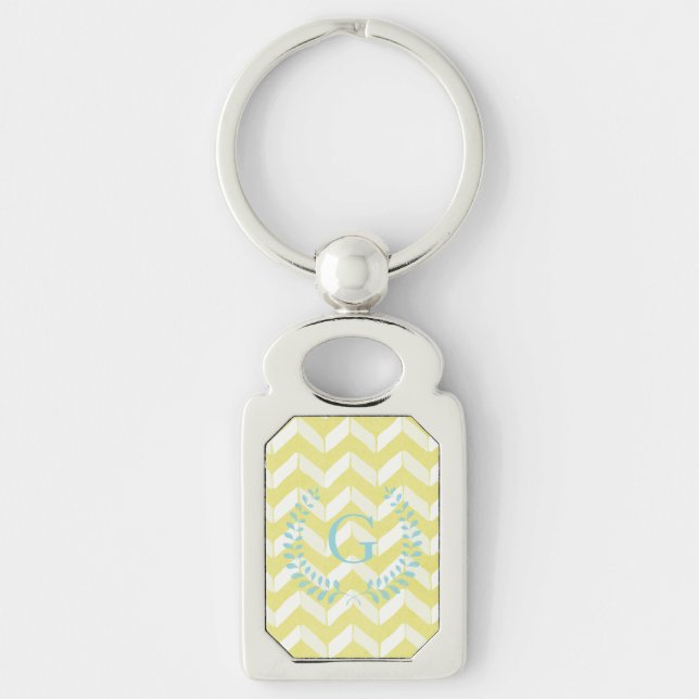 Chic Pastel Yellow Teal Chevron Custom Monogram Key Ring (Front)