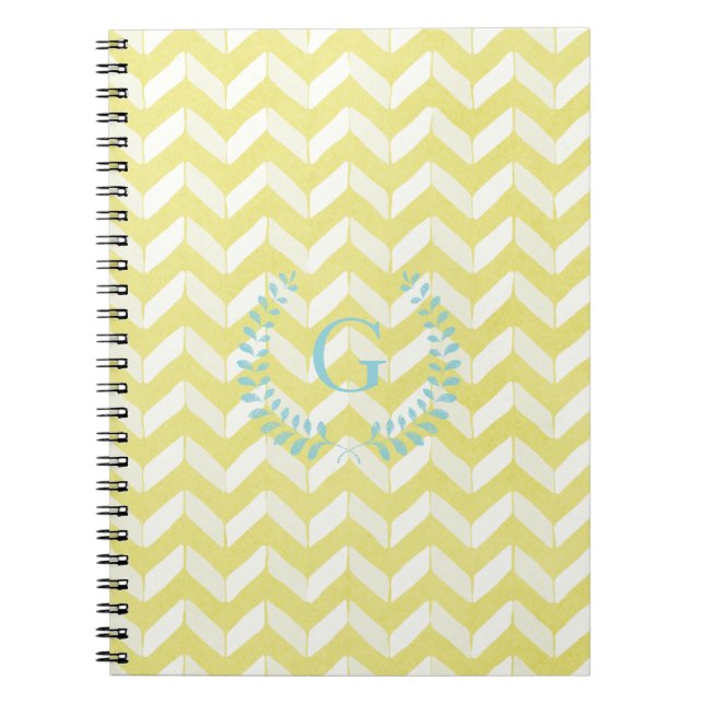 Chic Pastel Yellow Teal Chevron Custom Monogram Spiral Notebook (Front)
