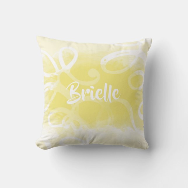 Chic Pastel Yellow Watercolor Swirls With Name Cushion (Front)