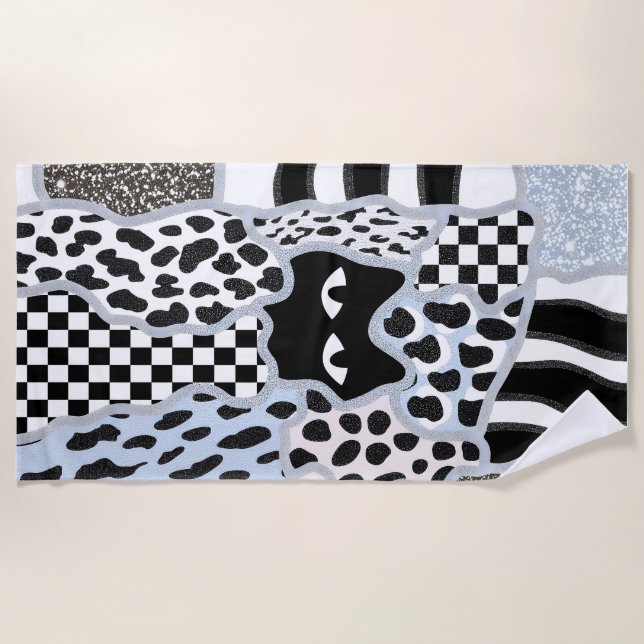 Chic Patchwork Suspicious Black Cat Gingham & Chec Beach Towel (Front)
