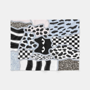 Chic Patchwork Suspicious Black Cat Gingham & Chec Fleece Blanket