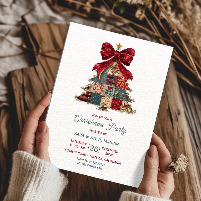 chic patchwork tree bow christmas party invitation (Creator Uploaded)